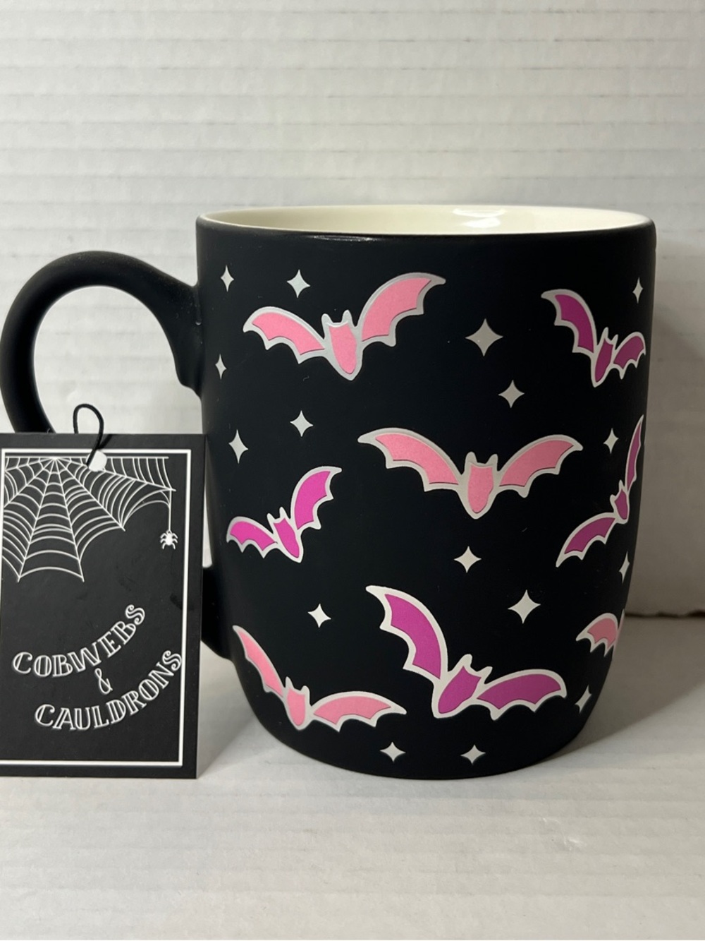 Cobwebs & Cauldrons Halloween Matt Black Pink Bat Star Ceramic Mug New